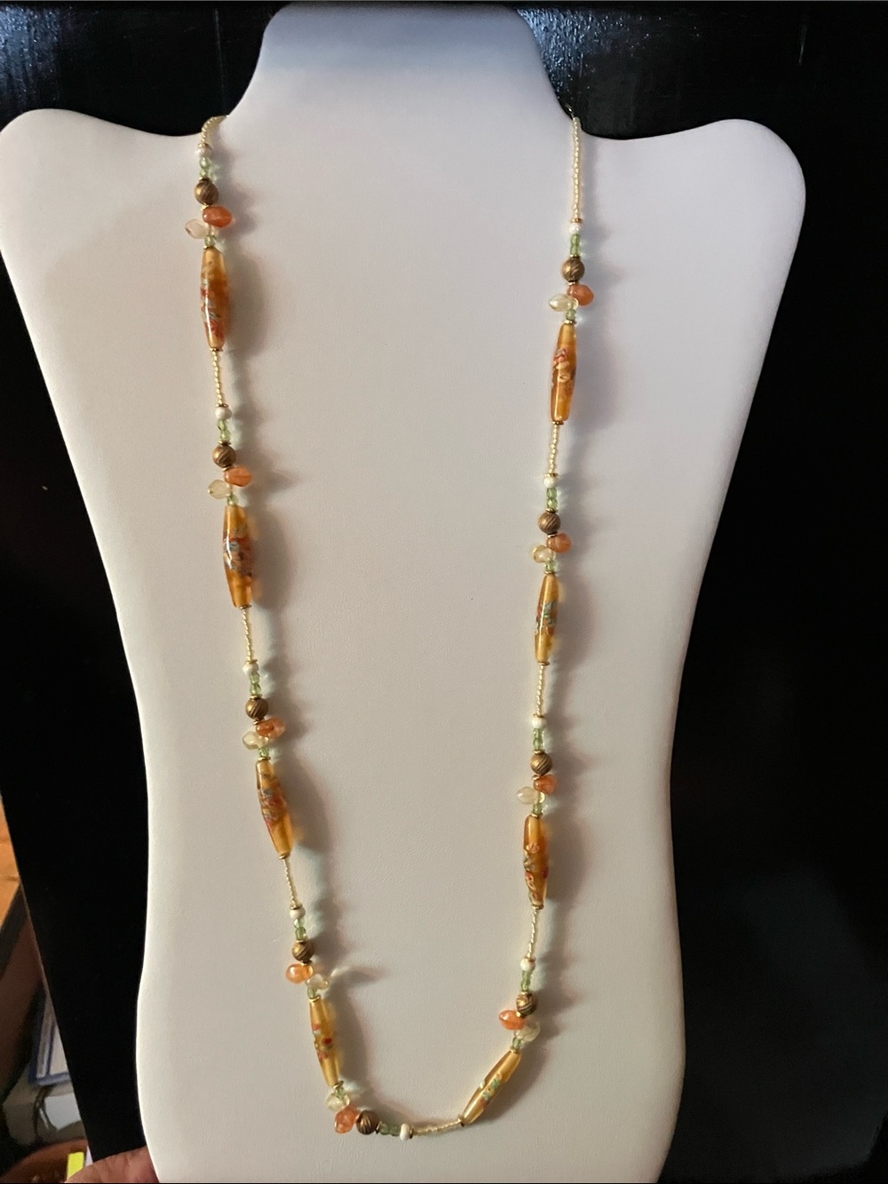 Hand Crafted Long Beaded Necklace in Amber, Green and Gold Tones